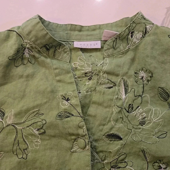 Tweeds Embroidered Floral Linen Button Down Tunic Green Womens Size 1X - Picture 5 of 12